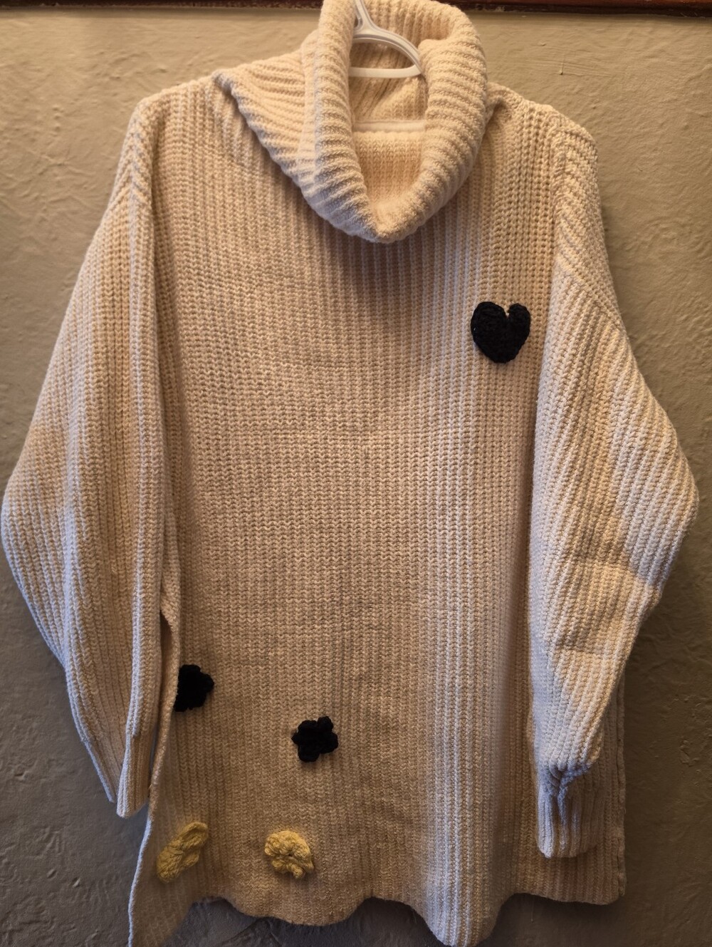 Free People Upcycled Oversized Sweater Hand Crochet Floral Heart Appliqués By Me